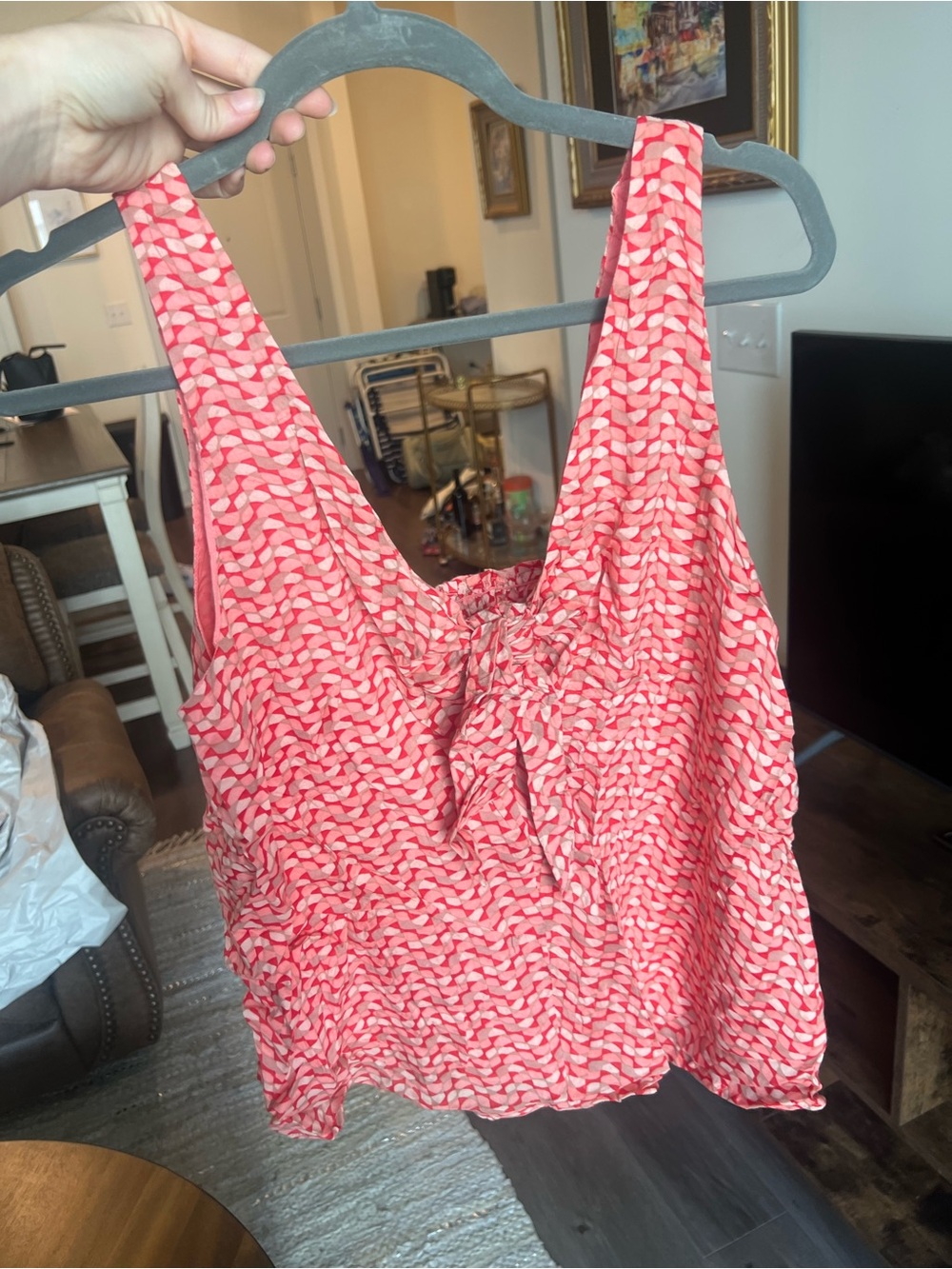 Maeve by Anthropologie Pink/White/Red Geometric Tank Top with Front tie Bow